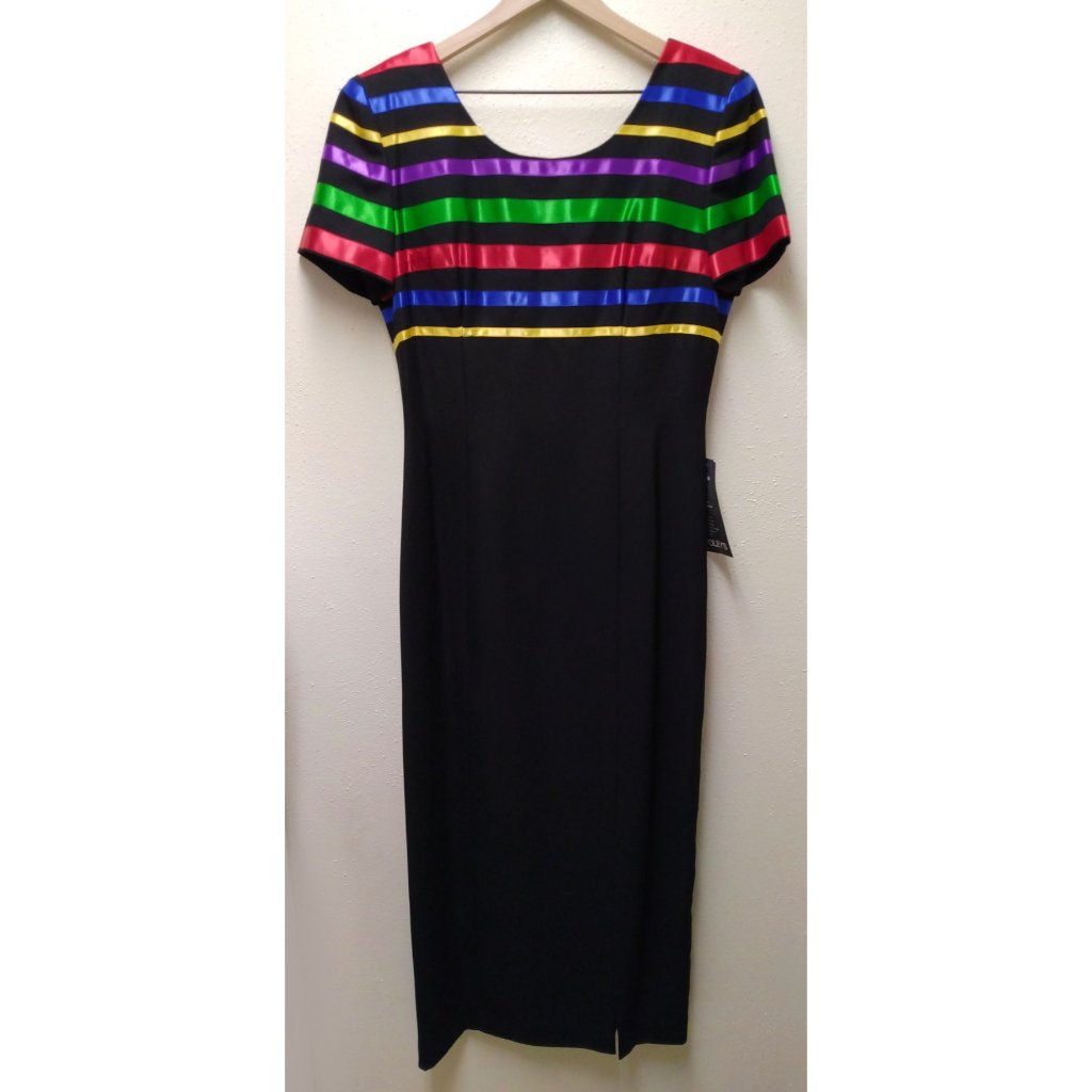 Maggy London By Kenneth Nolan Metallic Rainbow Striped Black Gown Size 8
